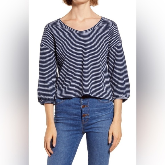 Madewell Navy Striped Bubble Sleeve Cotton Slub V Neck Sweatshirt Size L - Picture 1 of 7